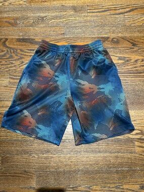 Athletic Shorts in Blue and Orange Camouflage Print